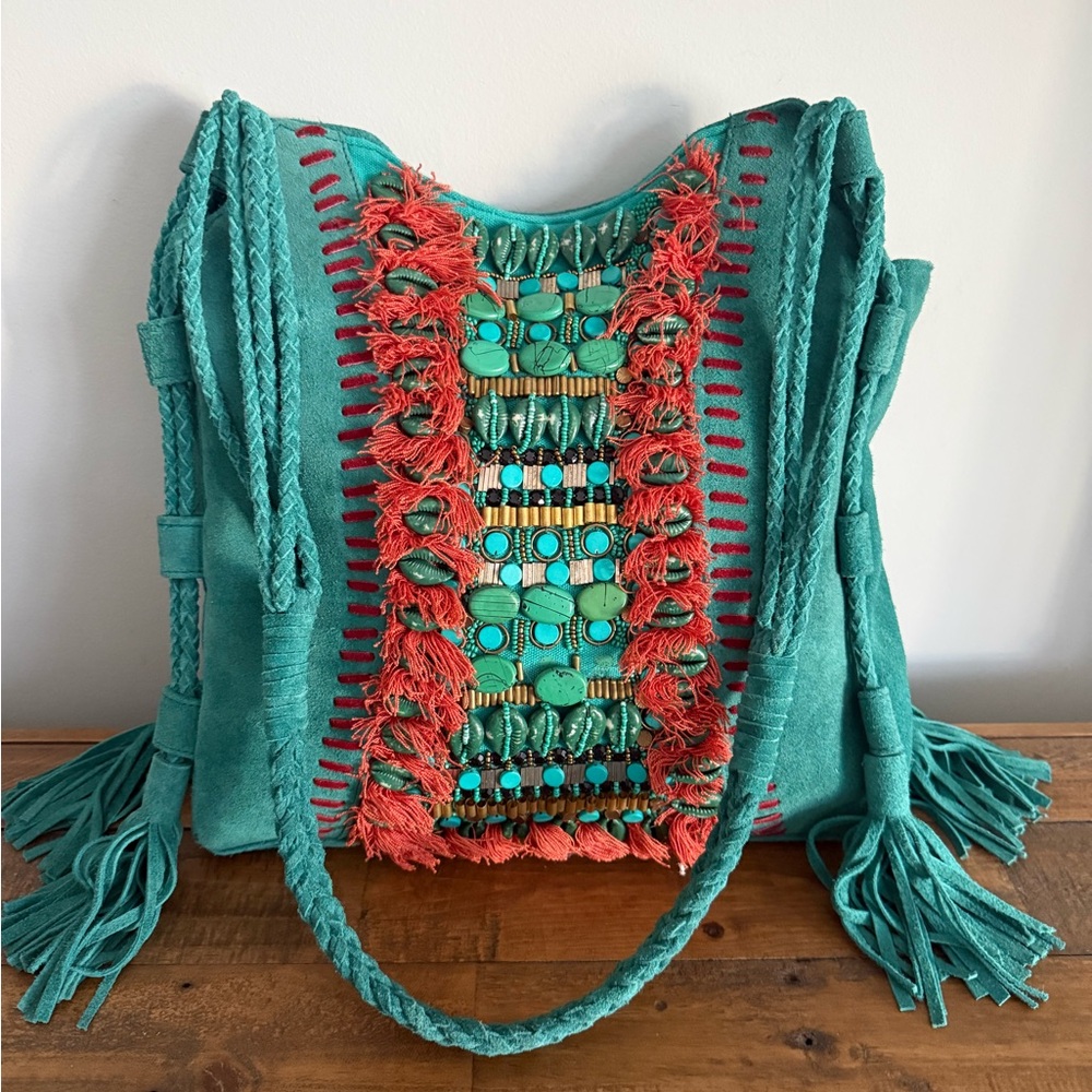 ibBan Turquoise leather boho Beaded Fringe shoulder bag